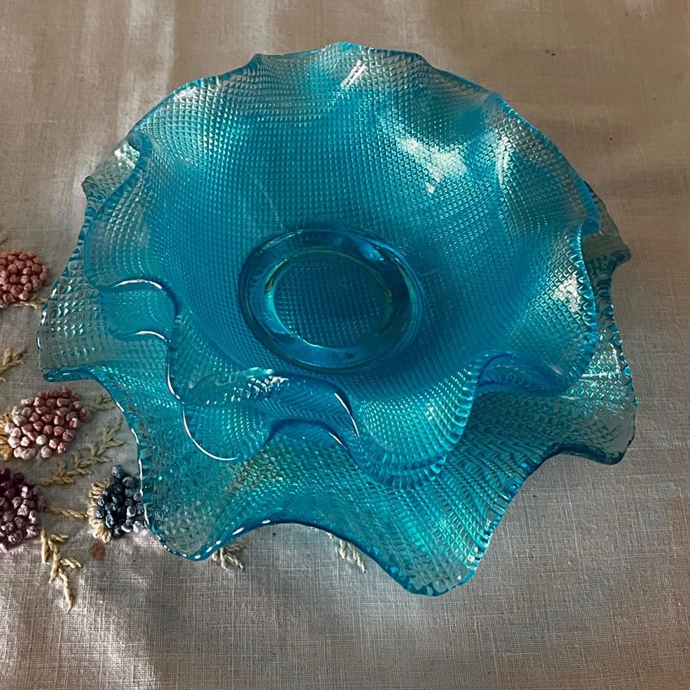 Vintage Italian Colony Waffle Ruffled Glass Dessert Bowls 1960s - Blue